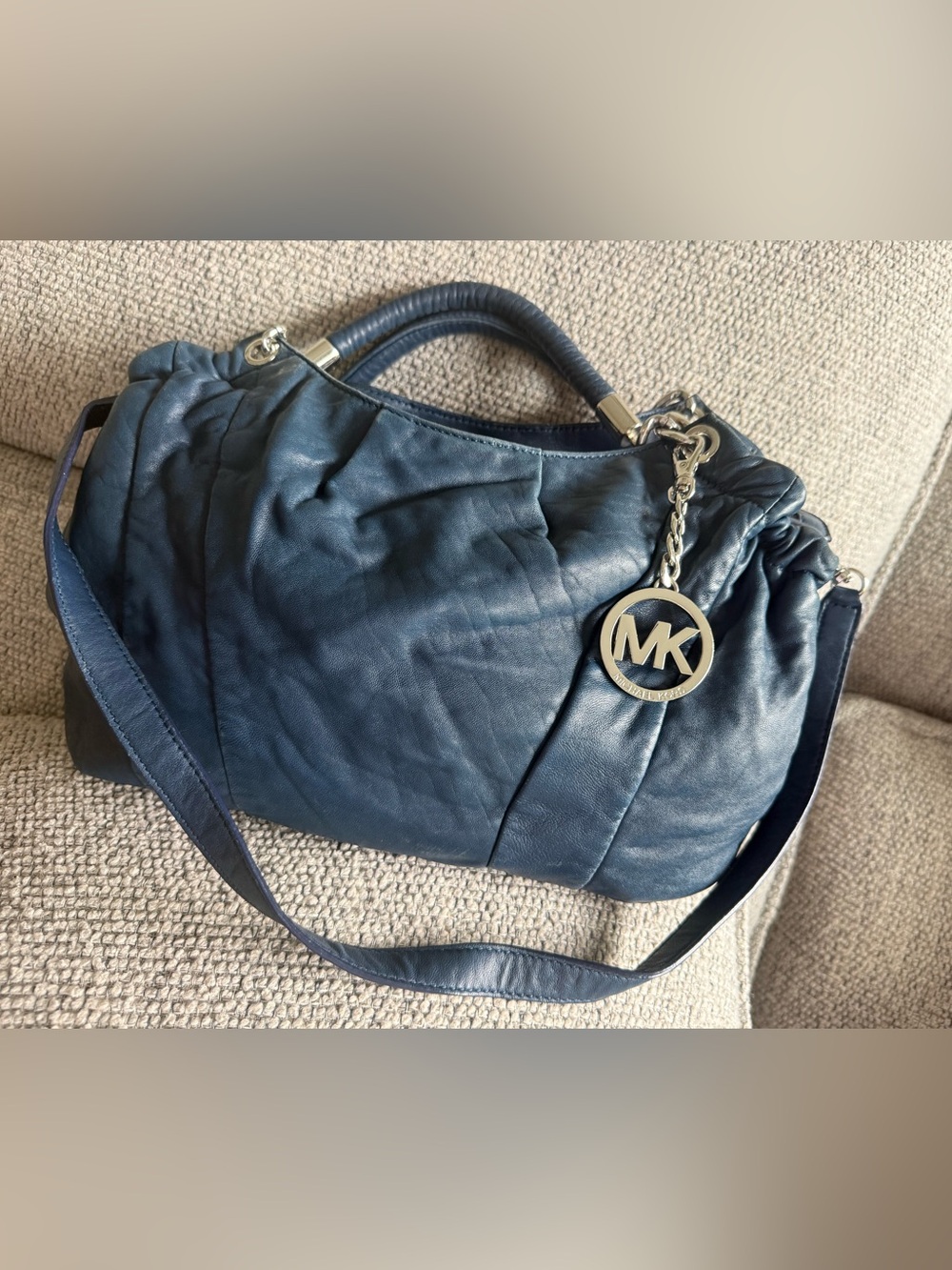 Michael Kors Blue Leather Shoulder Bag with MK Charm